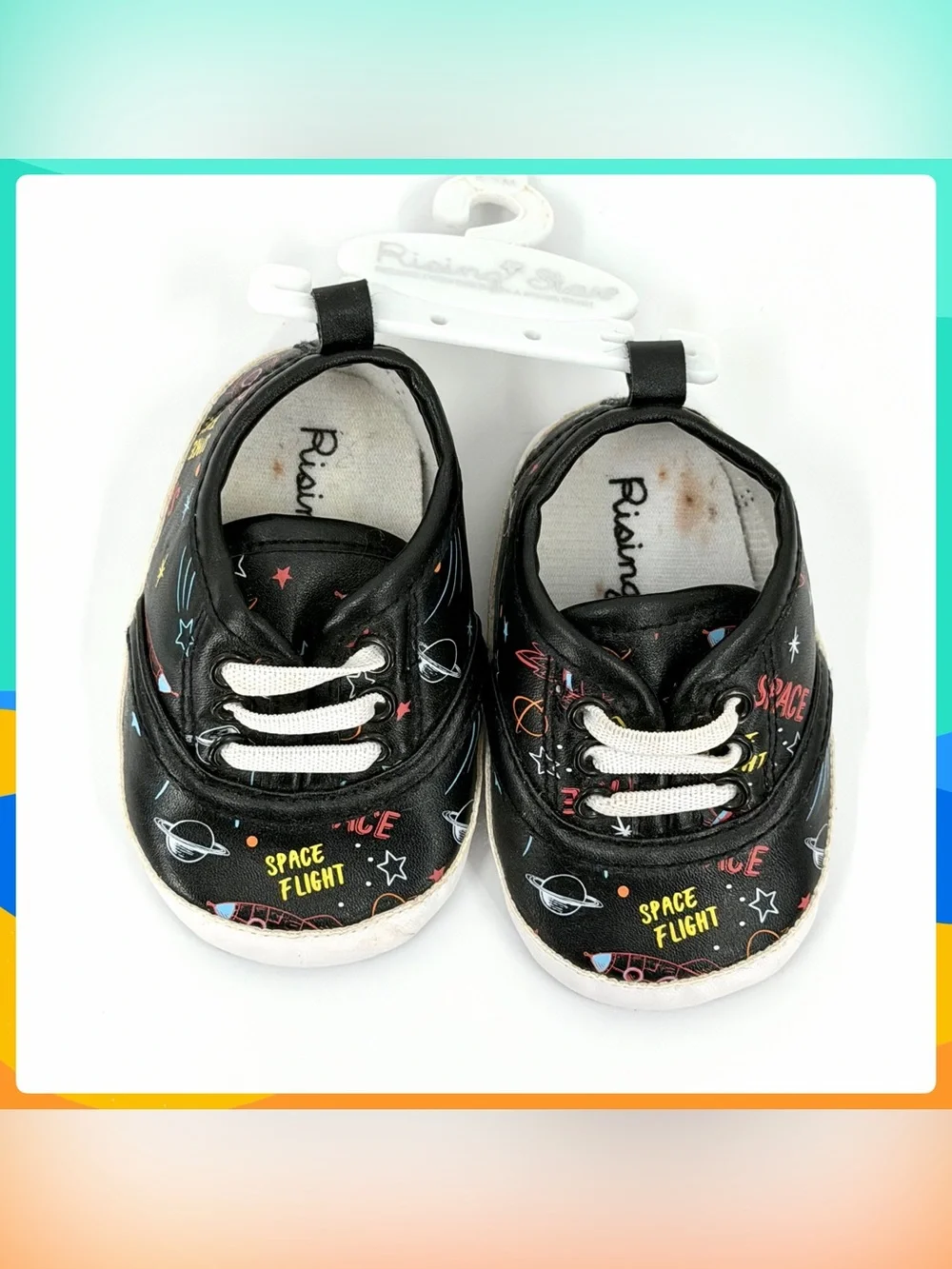 New RISING STAR Boys Girls Black Astronaut Space Theme Baby Shoes Size 6-9 Mos